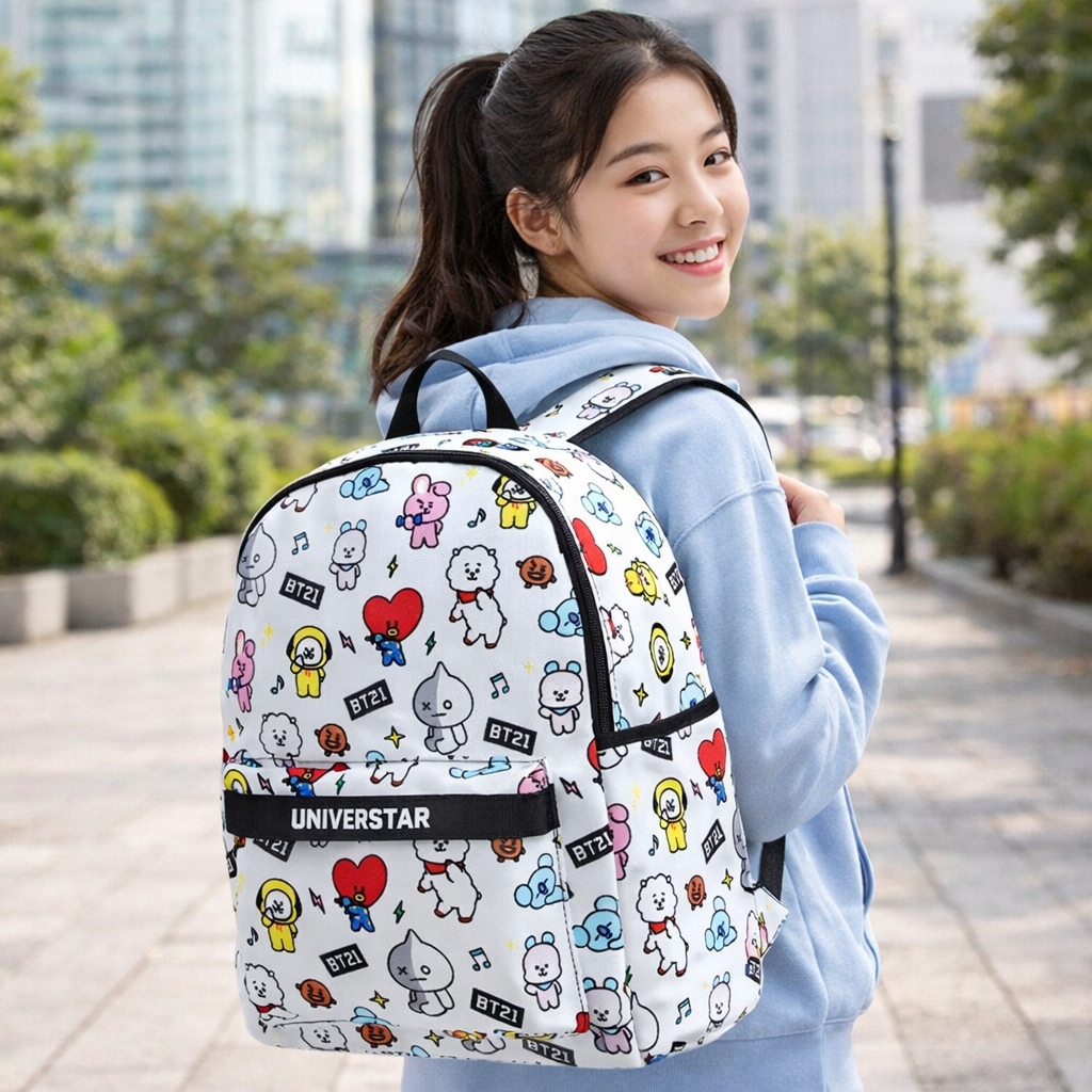 Mochila de costas BT21 Line Friends Escolar Juvenil Branca (BTS/Kpop) mochila para faculdade, viajem, com bolsos lateral