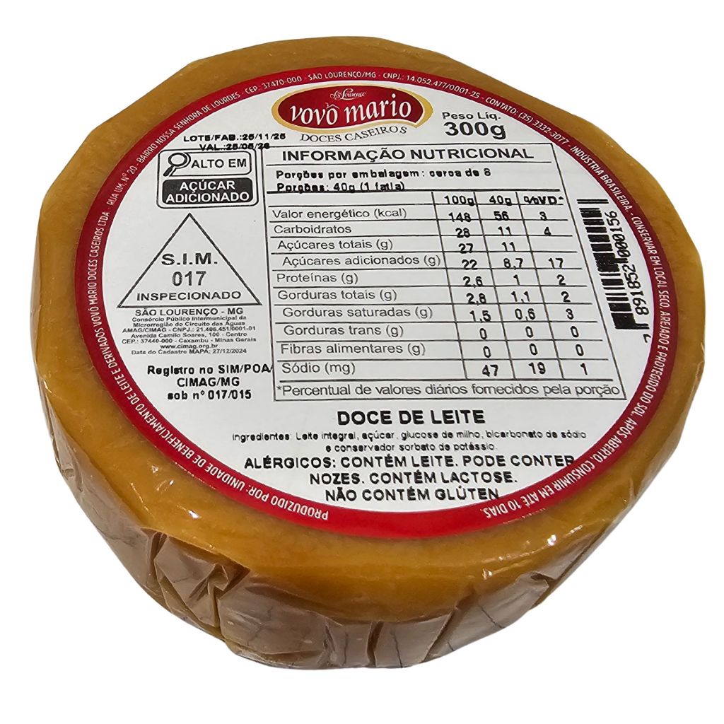Doce de Leite Puro em Tablete com Açúcar (Tradicional) sem Glúten 300g Doce Vovô Mário