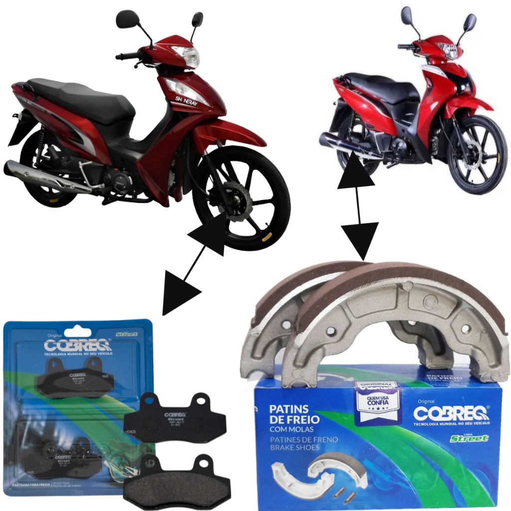 Kit Pastilha Freio Dianteira + Lona Patim Traseiro Cobreq Shineray JET 50  -  JET 125 2014 em diante