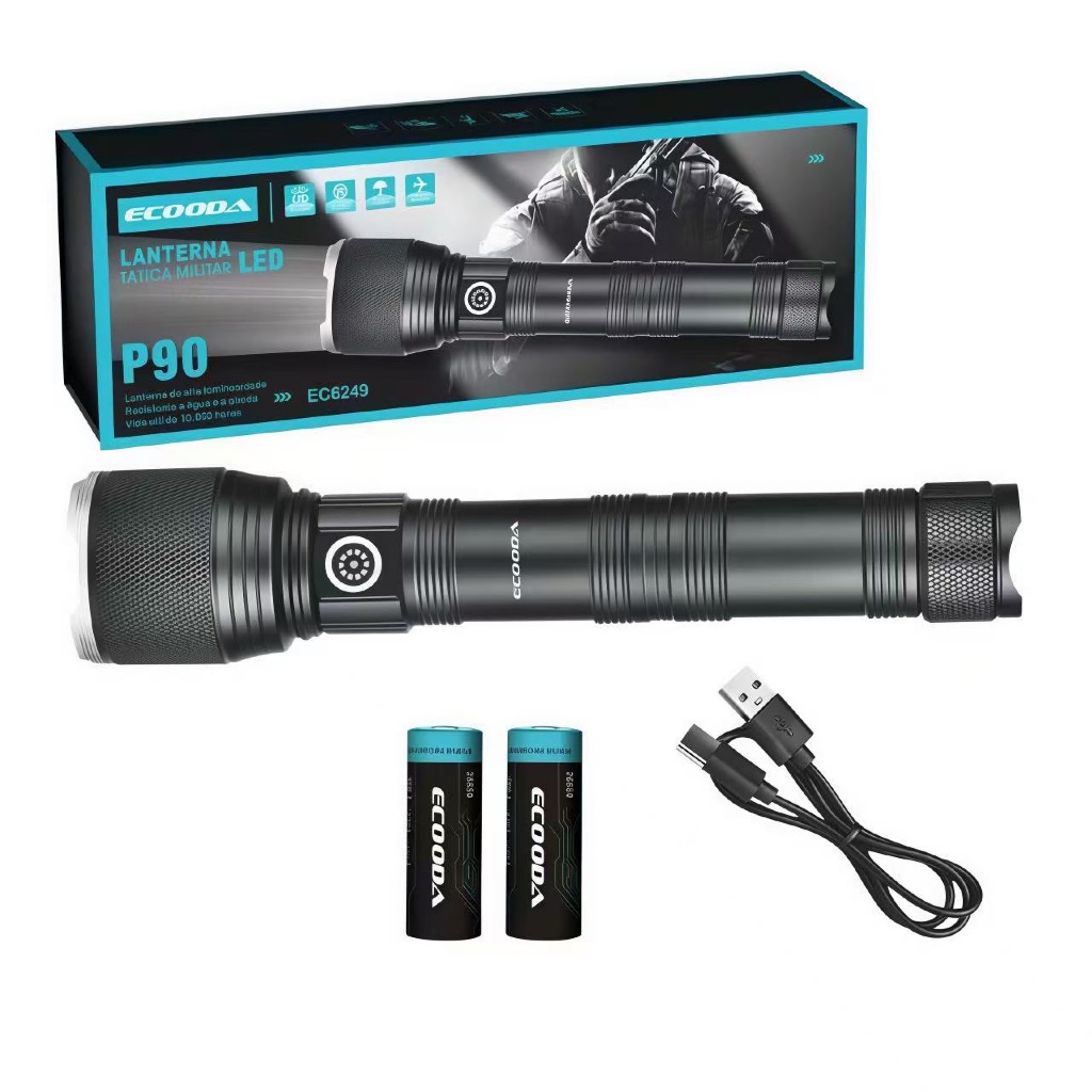 Lanterna Tatica Led P-90 Ecooda Super Potente Mais Forte do Mercado Recarregavel Zoom Bateria T9