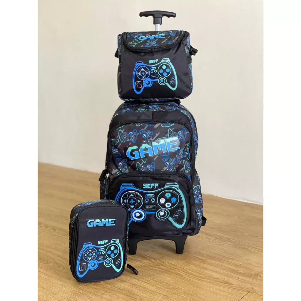Kit Mochila Escolar Infantil com Rodinhas + Lancheira + Estojo | Game em Oferta na Shopee