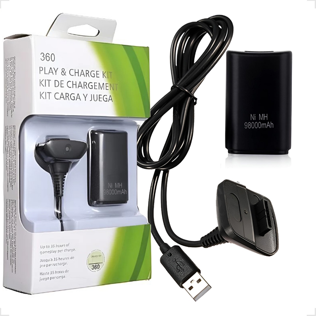 Bateria 98000mah Play Charge Recarregável E Cabo Carregador Compatível Com Controle De Xbox 360
