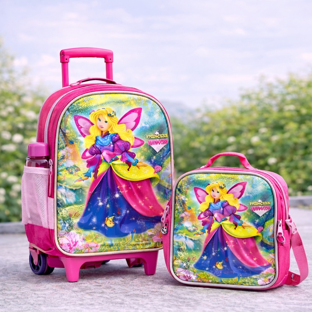 kit mochila de rodinhas com puxador + lancheira térmica infantil para menina rosa de princesa