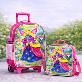 kit mochila de rodinhas com puxador + lancheira térmica infantil para menina rosa de princesa