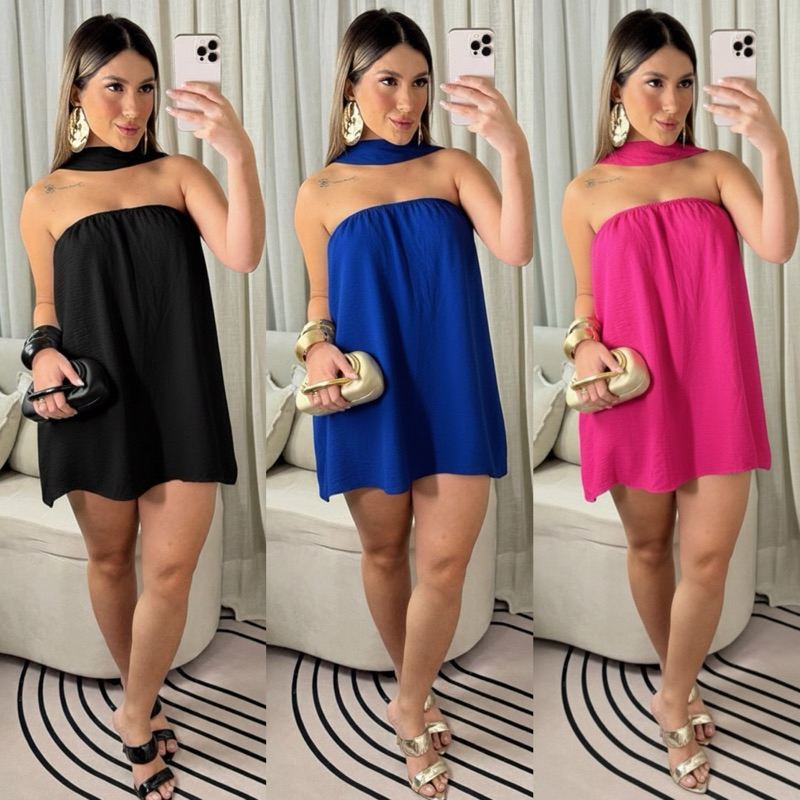 Macaquinho GIULIA  vestido Feminino Tomara Que Caia Soltinho com faixa o soltinho fluido crepe duna Verão