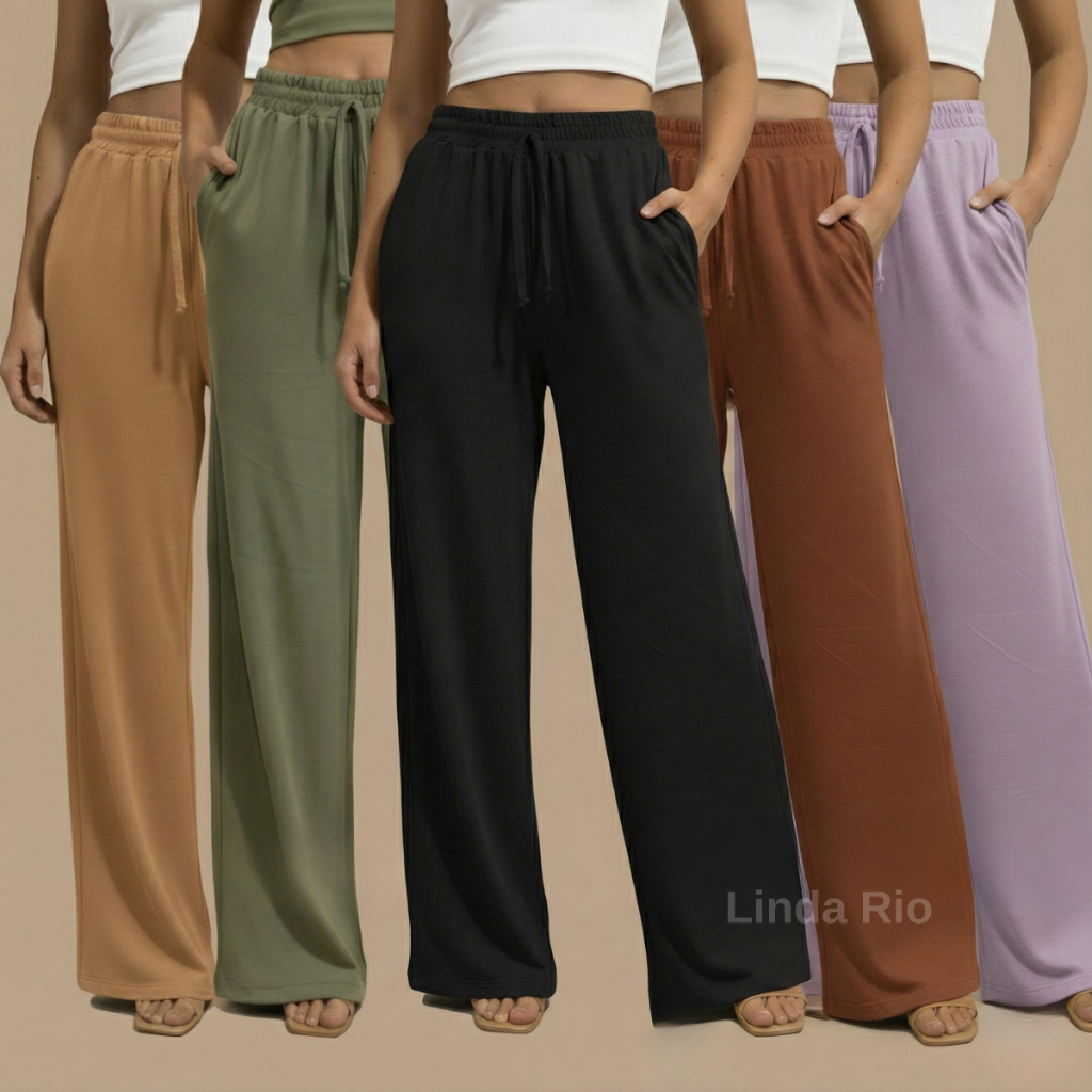 Calça Pantalona Feminina Com Bolso Cintura Alta Tecido Duna Moda Tendência Verão