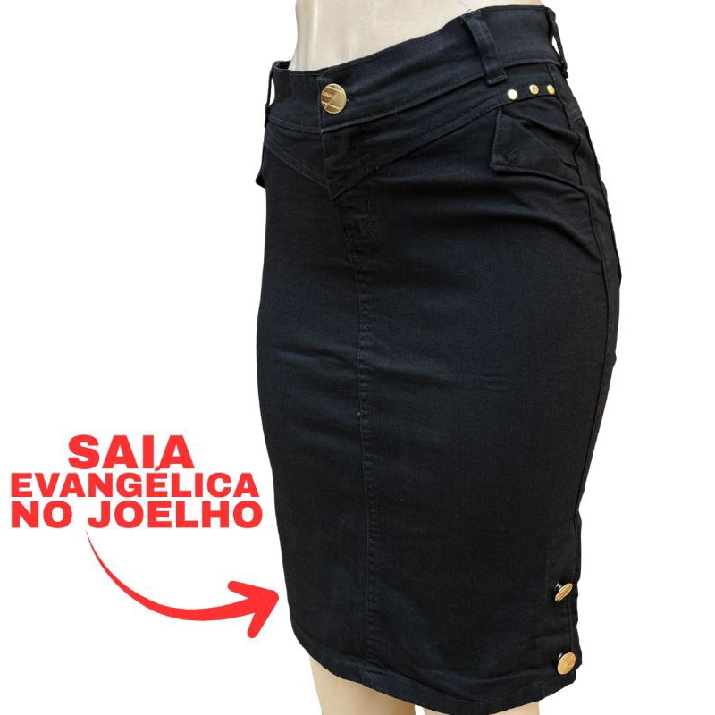 Saia Evangélica Secretária, Tecido Brim com Lycra e Lavagem Preta. em Oferta na Shopee