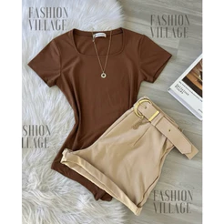 Conjunto2 Um bory body QUADRADRO + Short BEGE D-RING Inspiração Moda Blogueira Verão 2026