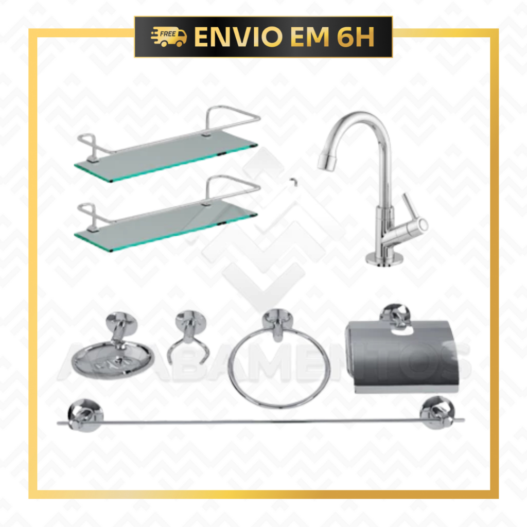 Kit Acessório Para Banheiro Aço Inox + 2 Porta Shampoo Vidro Retangular + Torneira Lavátoria ABS