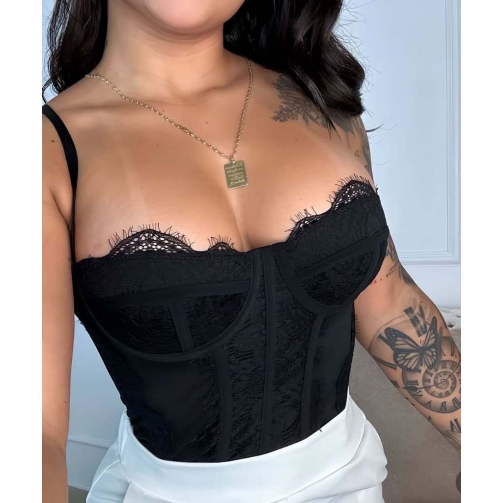 Cropped Corselet Renda Feminino - Corset Alça Finas Regulagem Cropete sensual