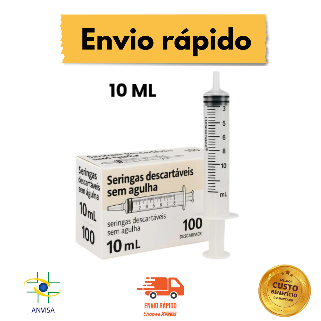 Kit Seringa Descartável 10ml Descarpack Bico Luer Slip Sem Agulha - Uso domestico e Profissional