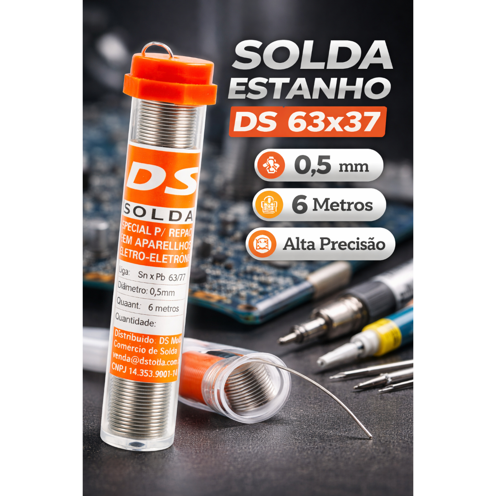 Solda Estanho em Fio DS 63x37 0,5mm | Tubinho 6 Metros | Solda Eletrônica de Precisão em Oferta na Shopee
