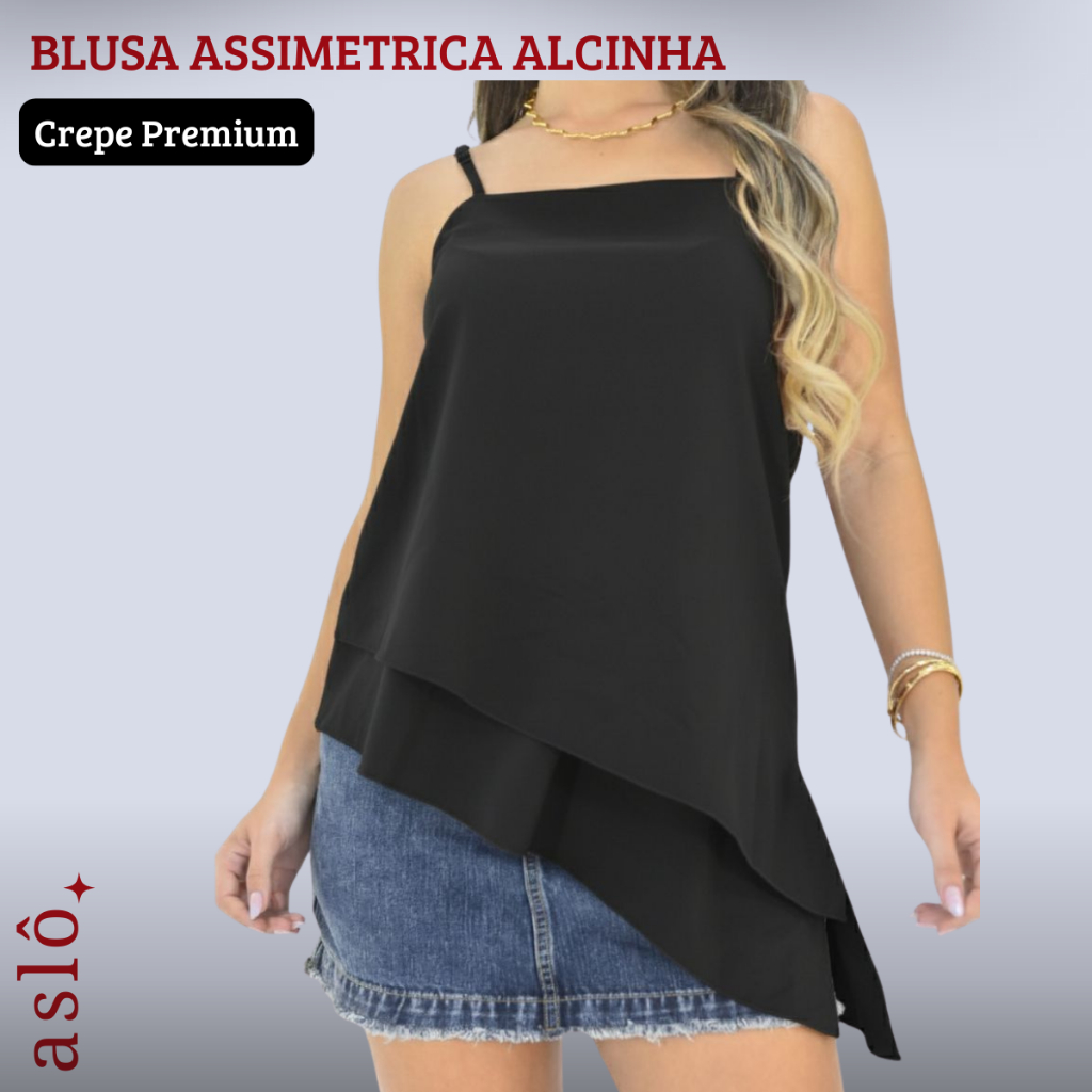 Blusa Alcinha Assimétrica Crepe Regulagem Camadas Babados Ponta Forrada M G GG