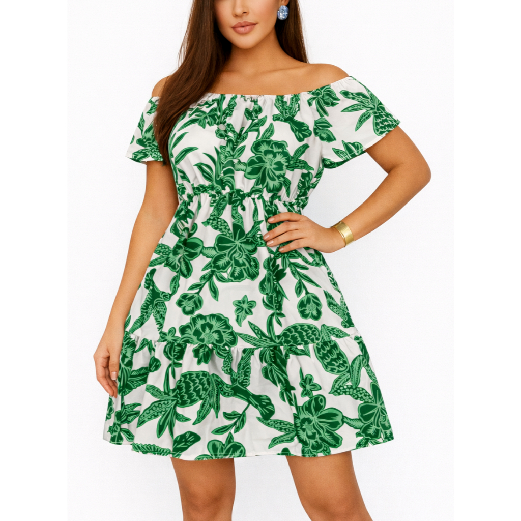 Vestido Curto Ciganinha Ombro a Ombro Estampado Elegante Feminino Confortável em Oferta na Shopee