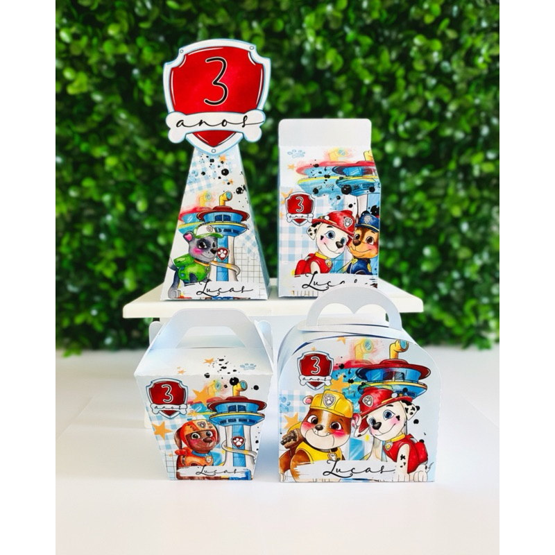KIT FESTA LEMBRANCINHAS CAIXINHAS PERSONALIZADAS PATRULHA CANINA MENINO (PEGUE E MONTE) | DECORAÇÃO DE MESA