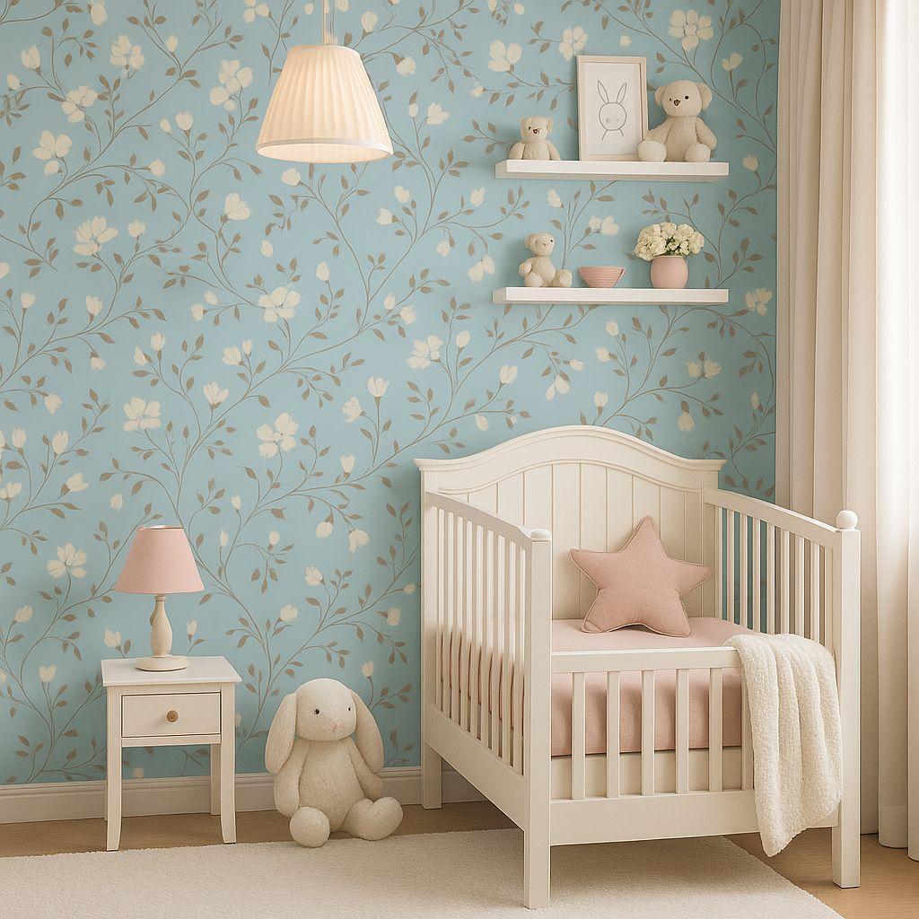 Papel De Parede Adesivo Floral 06 fundo azulado Autocolante Lavável P/SalaQuarto  50CM de Larg.