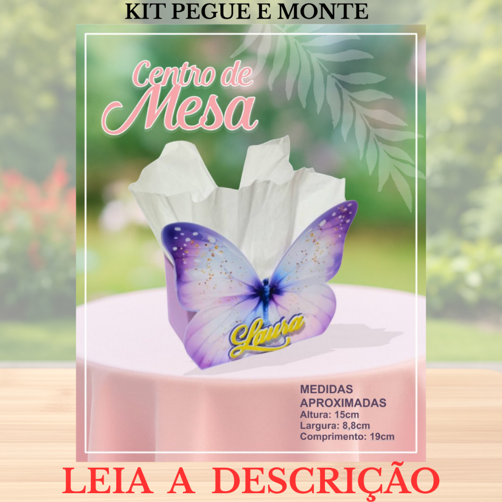 Kit 5 Centro de Mesa Porta Guardanapo Pegue e Monte Jardim das Borboletas Lilás Lembrancinha Infantil