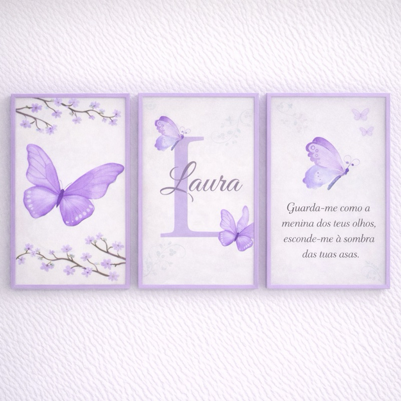 Kit 3 Quadros Decorativos Infantil Borboleta Lilás Personalizado Nome MDF