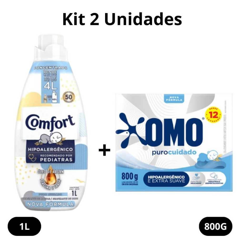 Kit 1 Amaciante Comfort Puro Cuidado 1L + 1 Sabão em Po Omo Puro Cuidado 800g