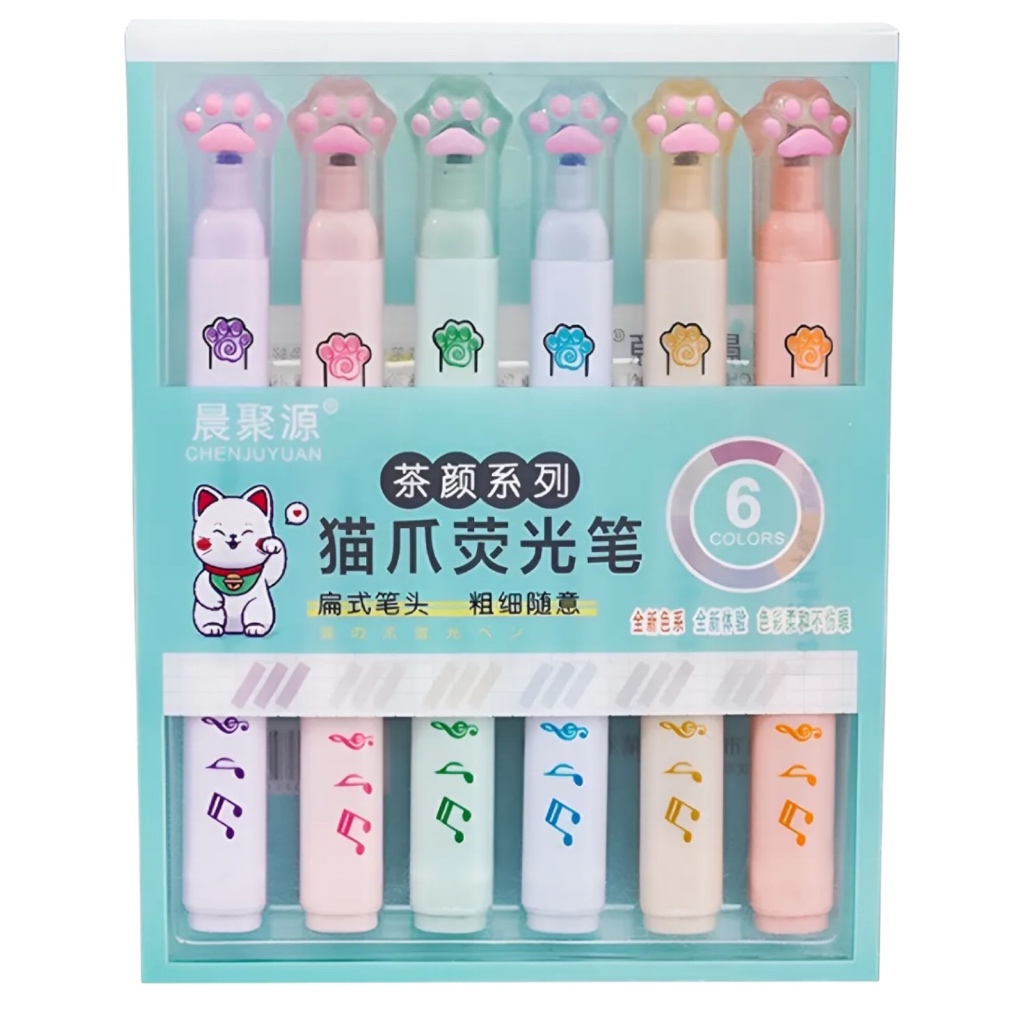 Kit Marca Texto Patinha Cute 6 Cores Pastel | Marca Texto Fofo Escolar Planner Estudo