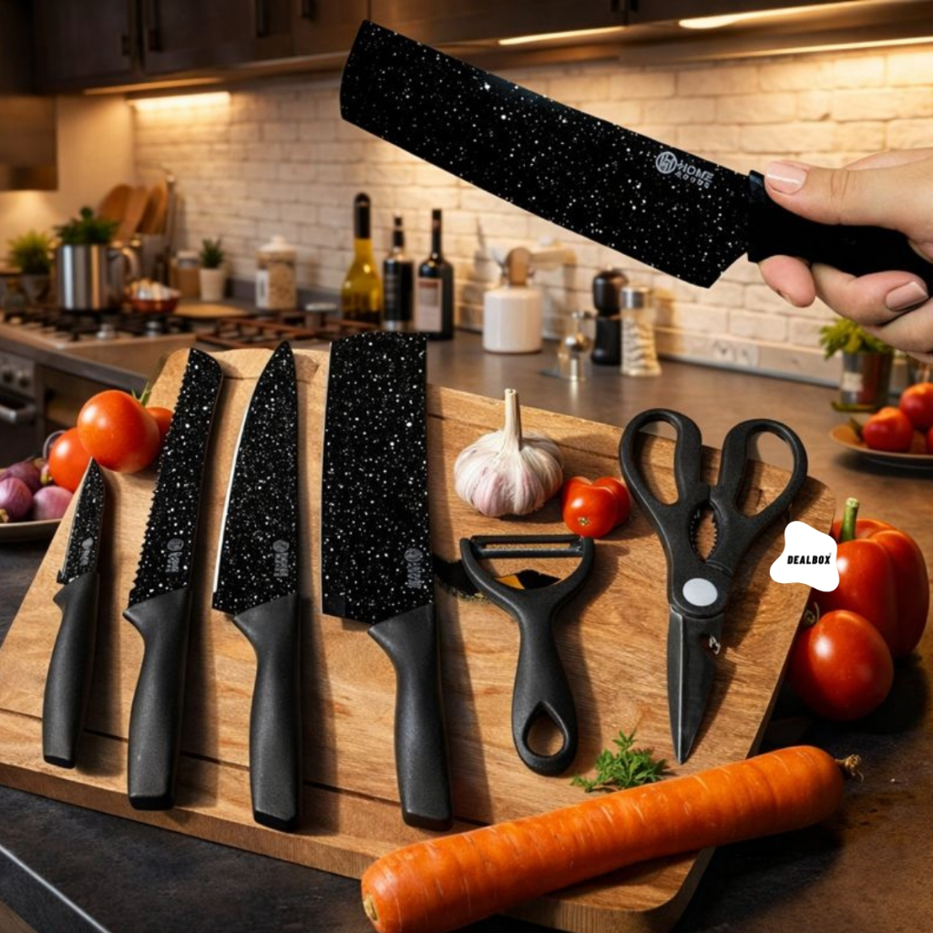 Imagem Jogo De Facas Faqueiro Inox Faca Preta 6 Peças Profissional Luxo Conjunto facas Cutelo Kit Churrasco