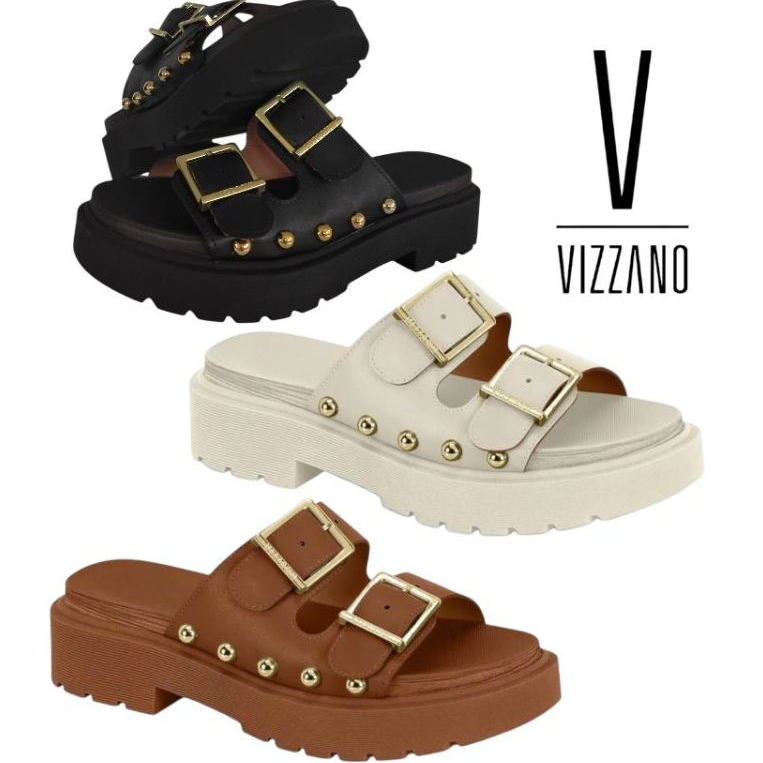 Sandalia Feminina Vizzano  Casual Papete Confortável Flatform De Fivela e Strass