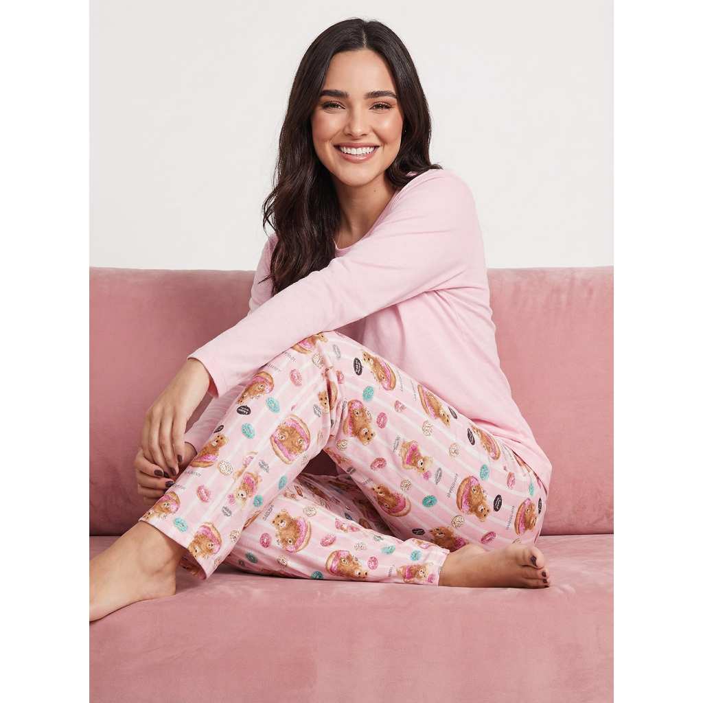 Pijama Longo Feminino Suede & Algodão – O Toque de Aconchego que Você Merece! em Oferta na Shopee