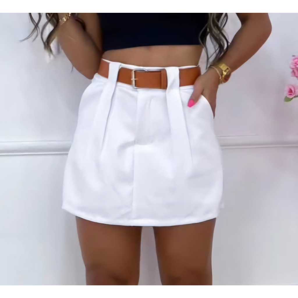 Short Saia Feminino Com Cinto De Couro Alfaiataria Social Cintura Alta Com Bolsos