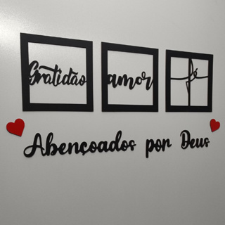 Kit com 3 Quadros Decorativos + Frase Abençoados por Deus - Decoração para Sala e Quarto em mdf em Oferta na Shopee
