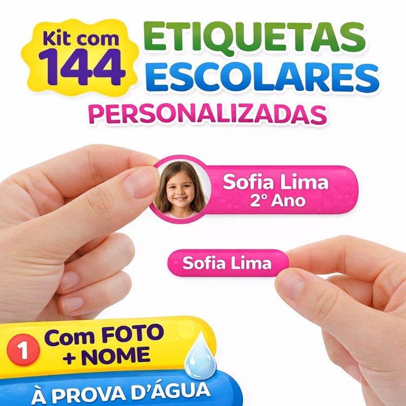 Kit 144 Etiquetas Escolares Personalizadas com Foto e Nome | À Prova d’Água | Volta às Aulas