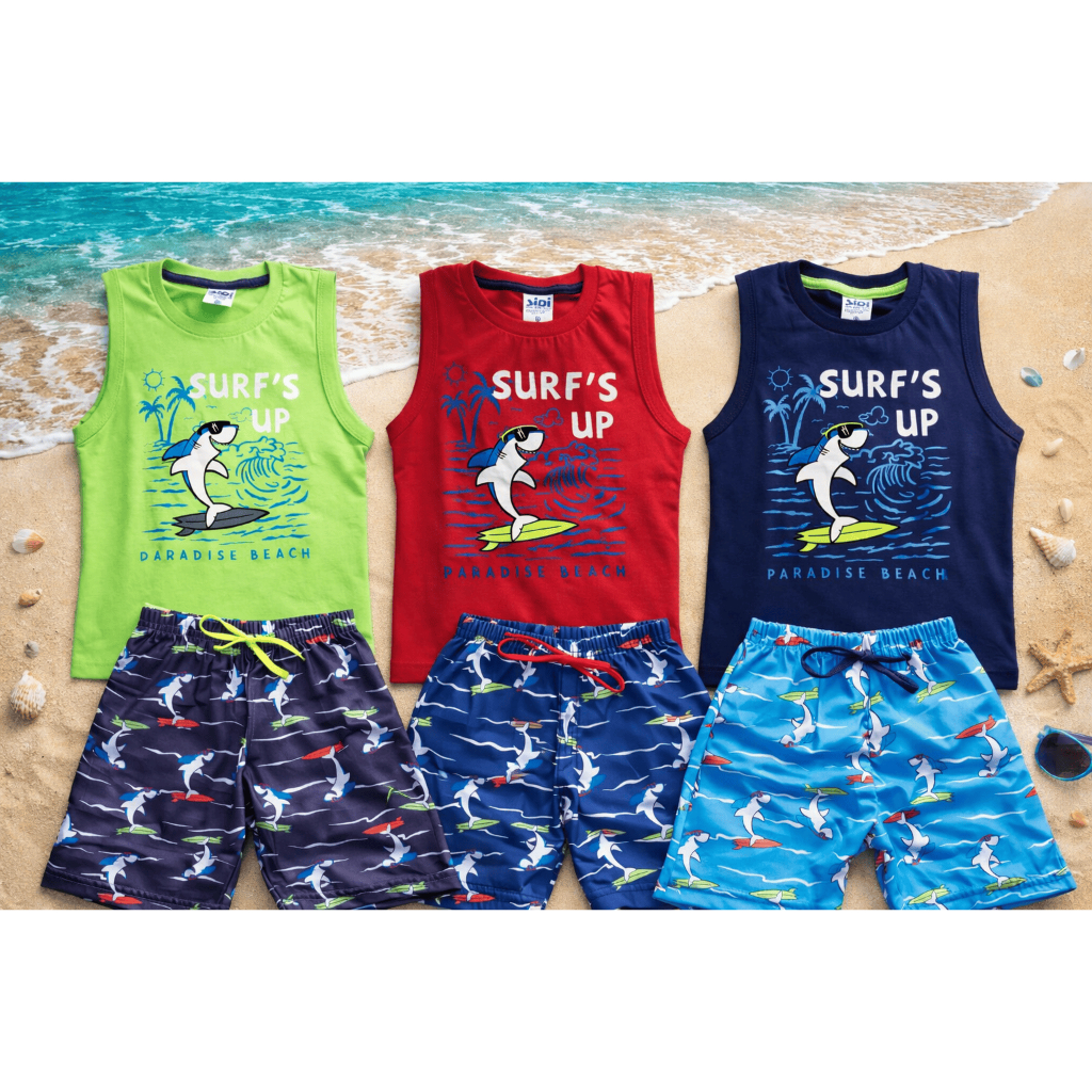 Conjunto Infantil Menino Verão Regata 100% Algodão + Short Estampado Tubarão | Leve, Fresquinho e Confortável