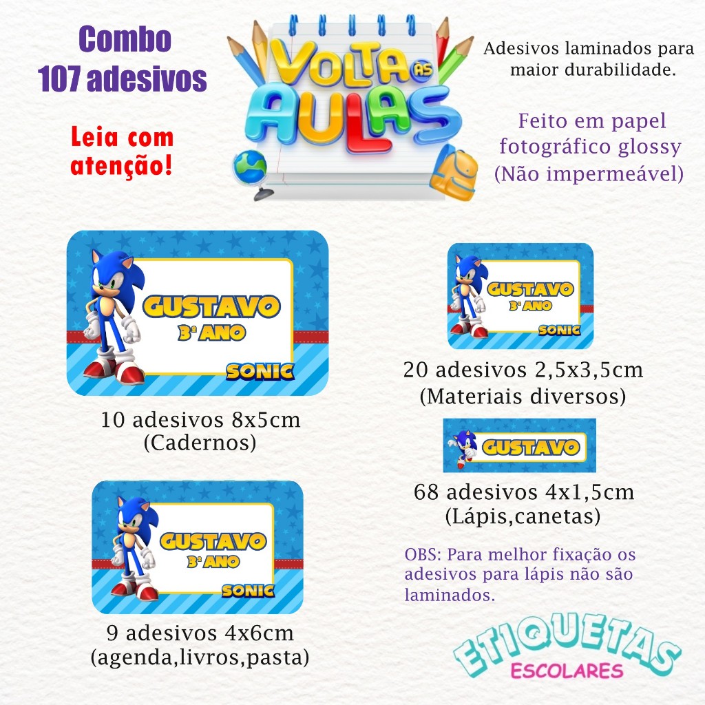 Kit 107 Etiquetas escolar Sonic personalizadas com nome - Volta as aulas