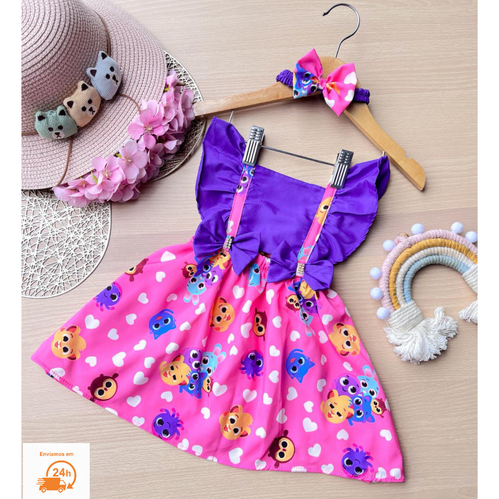 Salopete Saia Temático 1 a 2 Ano Bolofofo Ensaios Fotográficos Mêsversario com Laço de Cabelo