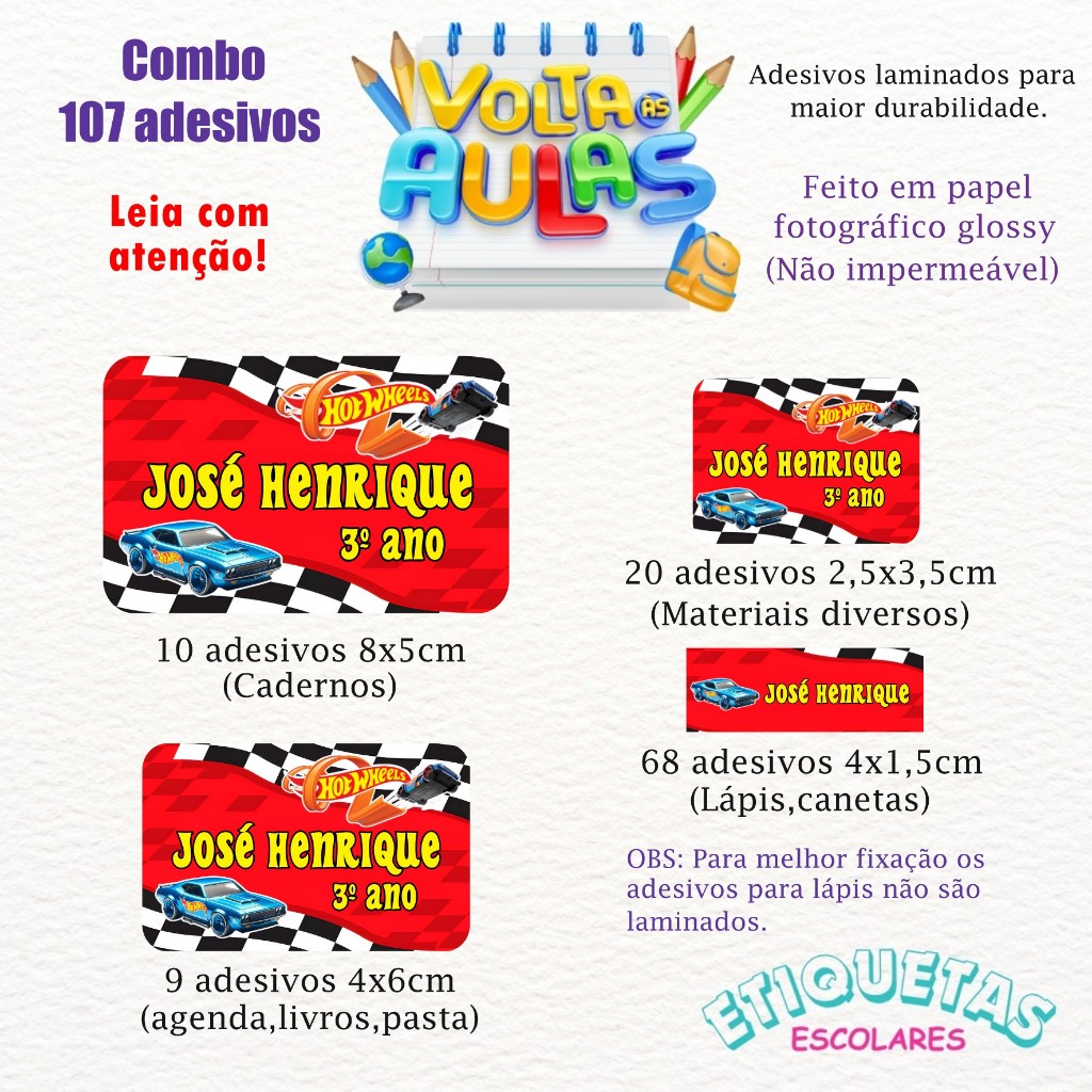 Kit 107 Etiquetas escolar Hotweels personalizadas com nome - Volta as aulas