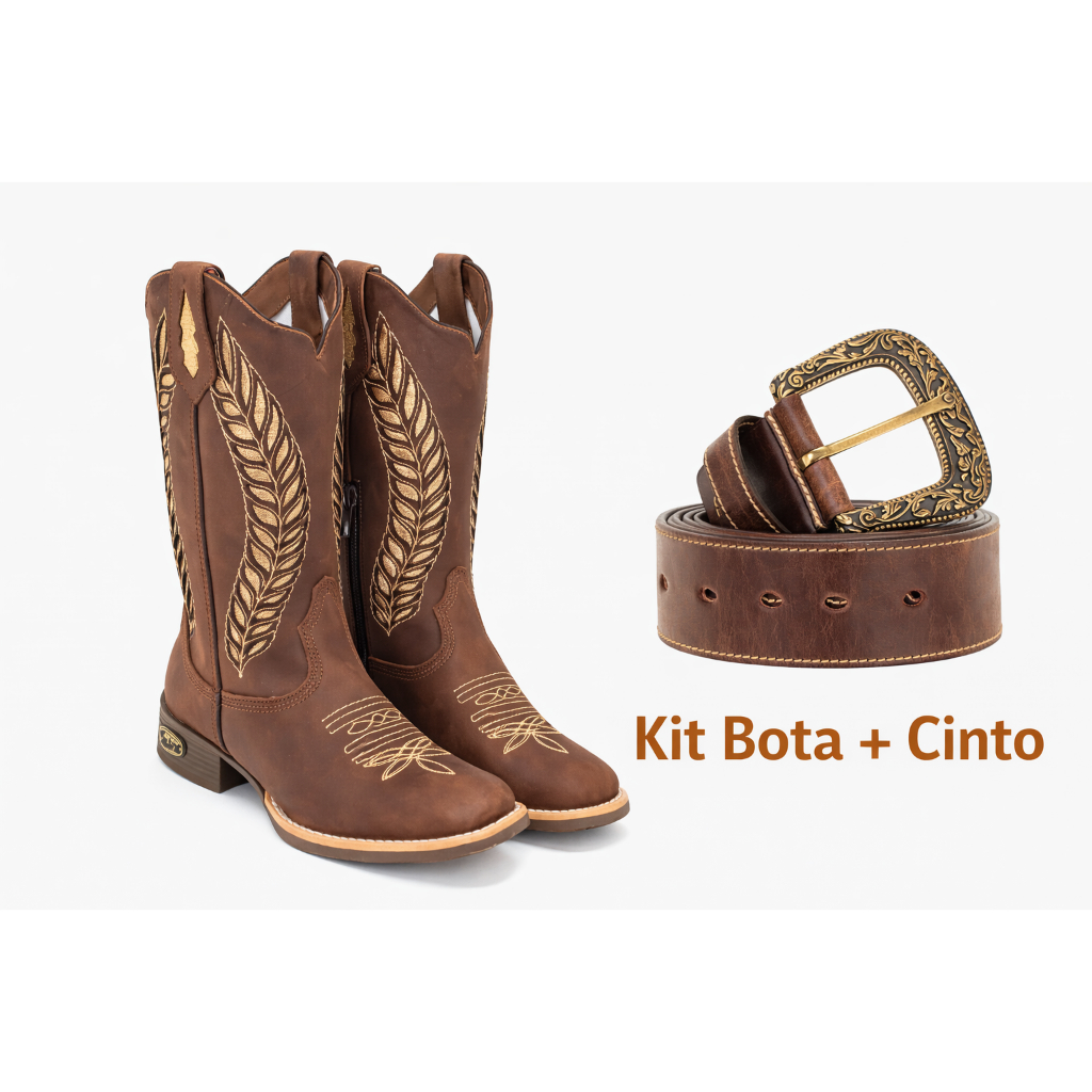 Kit Bota Texana Feminina em Couro Legítimo com Zíper + Cinto Country em Oferta na Shopee
