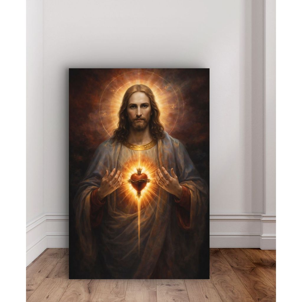 Quadro Decorativo Jesus Sagrado Coração MDF 110x70 Arte Religiosa Cristã Para Sala Quarto Escritório