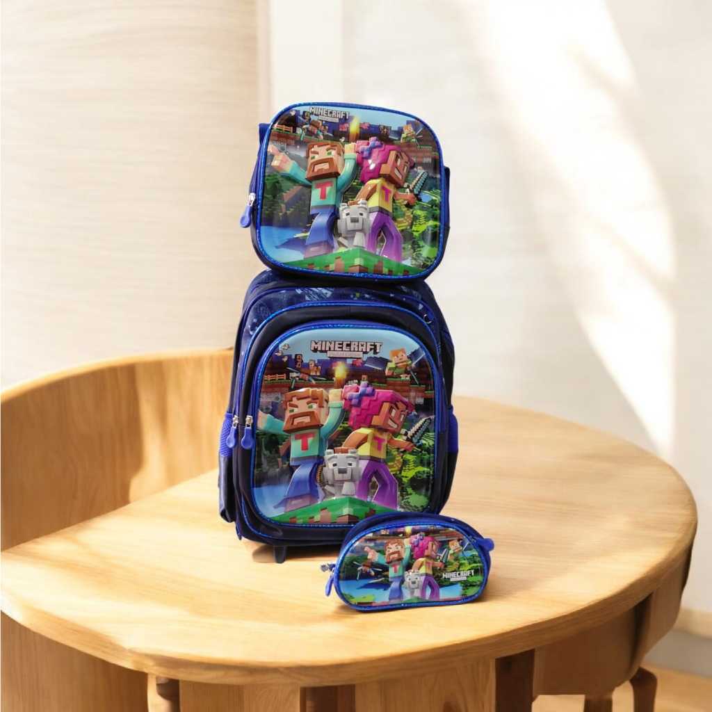 Kits 3 peças Mochila Escolar  Lancheira e Estojo 3D com Rodinhas para mínimos Minicraft
