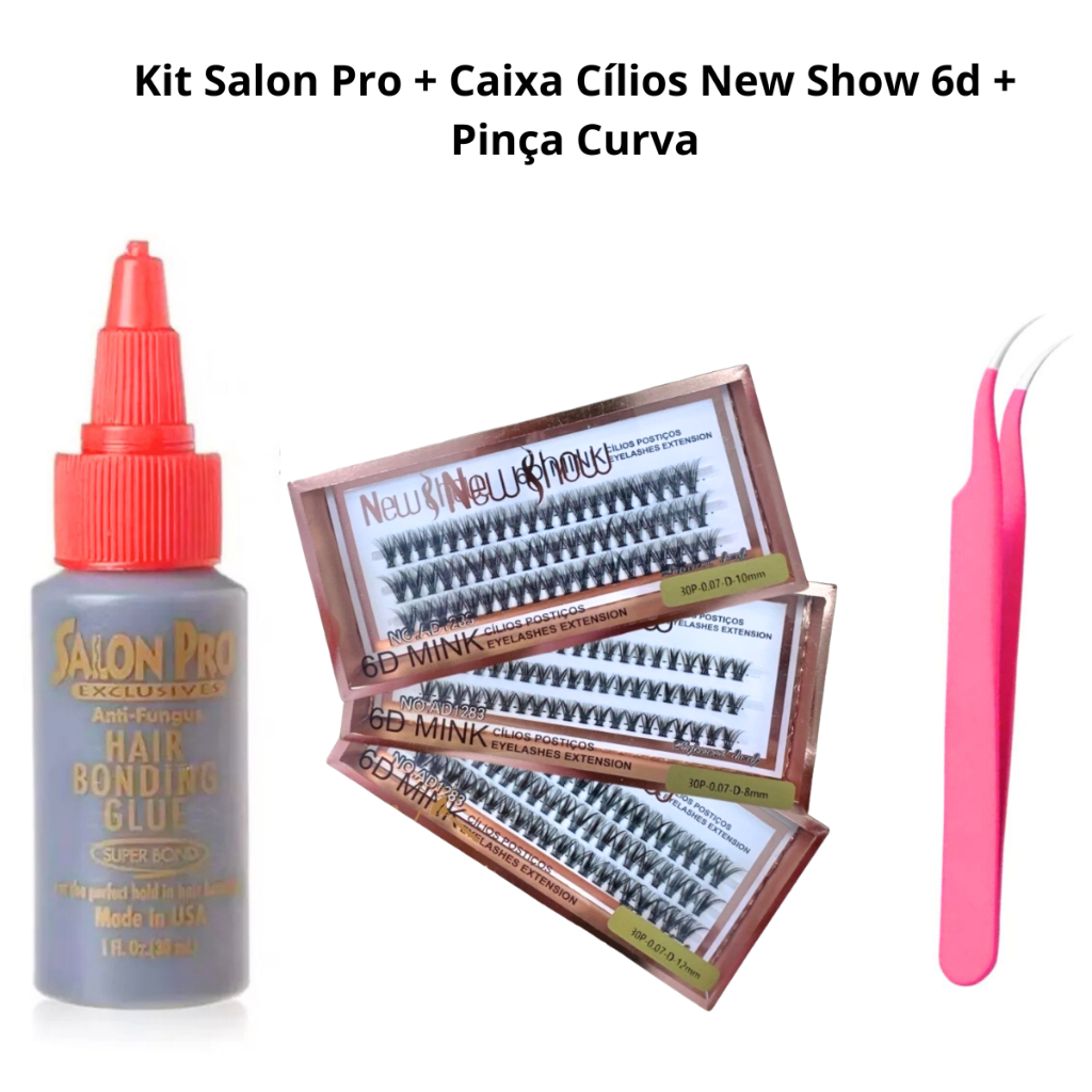 Kit com Cola 30ml Salon Pro + Pinça Vetus + Cílios Postiços 30P-0.07-D NEW SHOW - Tufos Sem nó