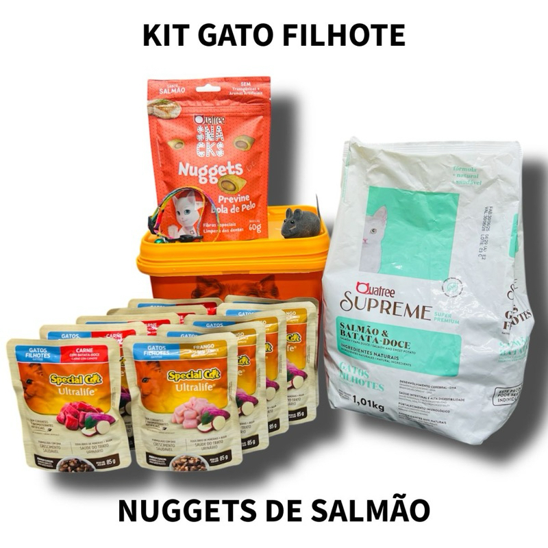 Kit Ração Quatree Filhotes 1kg + 10 Sachês Special Cat + Nuggets + Balde + Brinquedo + brinde(Compra do Mês Gato)
