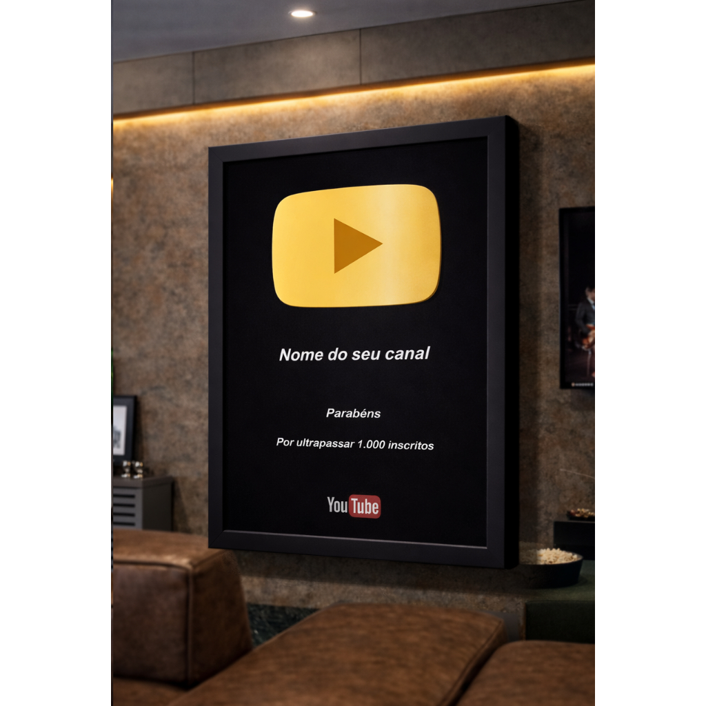 Quadro Placa Comemorativa 1.000 Inscritos Youtube Dourada 20 x 30 cm