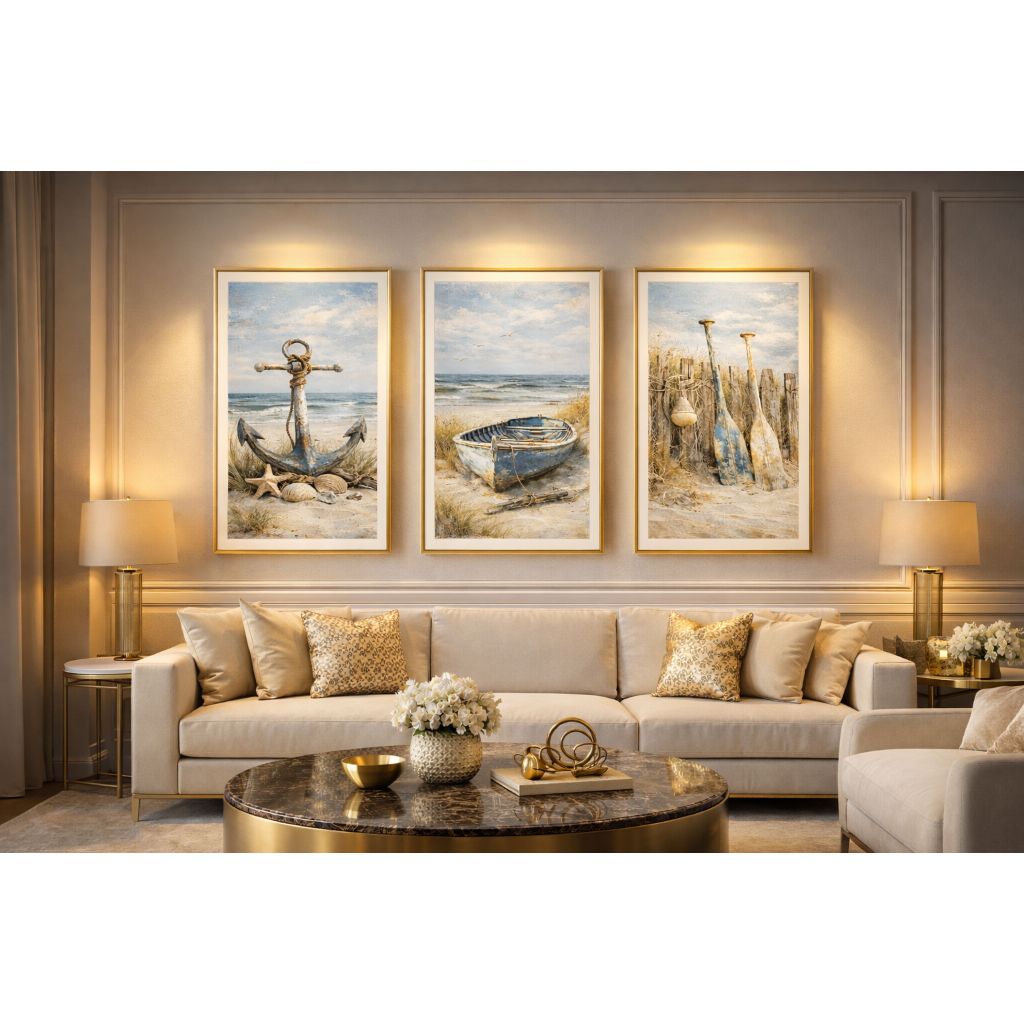 Quadros Decorativos Trio Praia Âncora Barco Marítimo Decoração Sala Quarto