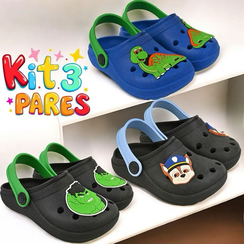 Kit 3 Pares Sandália Babuche Infantil Menino Personagens Hulk Patrulha Canina Dinossauro Atacado