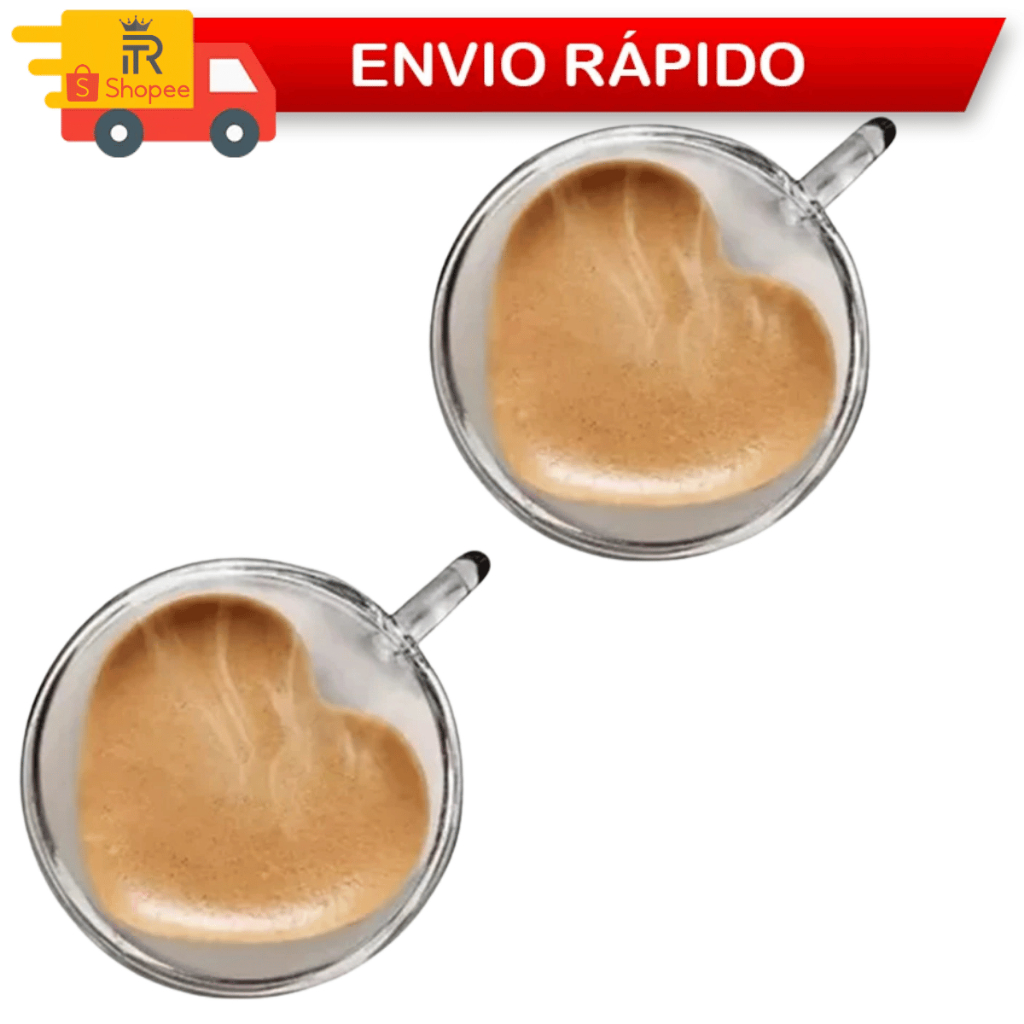 Kit 2 Xícaras Para Café Chá Leite Formato Coração Parede Dupla Vidro Resistente Boro Silicato 230ml