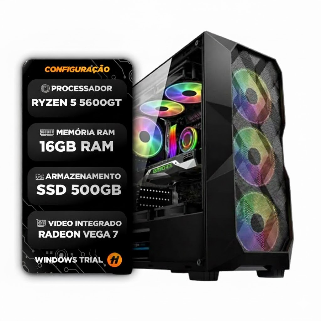 Pc Gamer Ryzen 5 5600gt Amd, 16gb Ddr4, SSD 500gb, 500w Real Bivolt, Gabinete Gamer