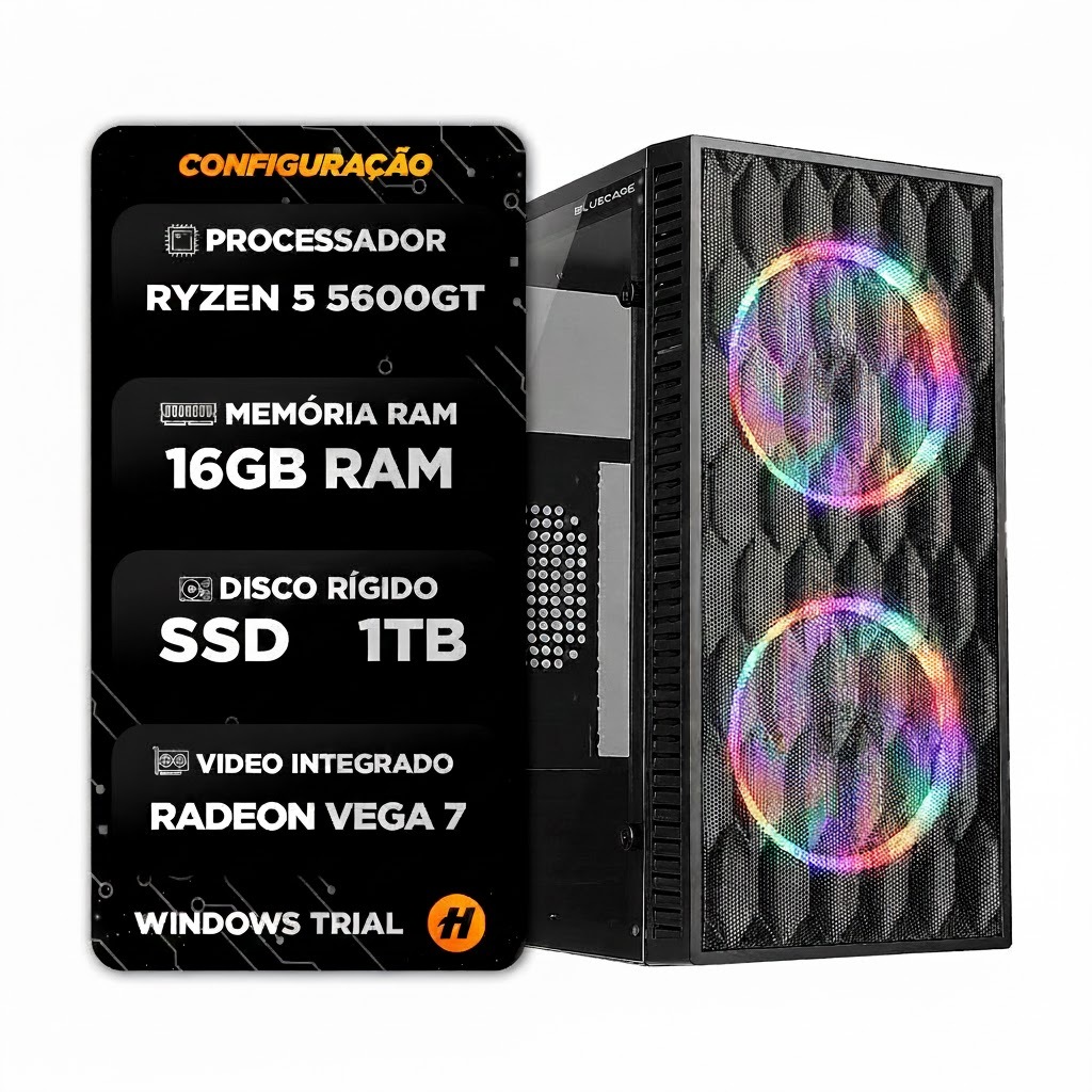 PC Gamer Ryzen 5 5600GT, 16GB, SSD 1TB, Fonte 500W, Gabinete com 2 FANS RGB