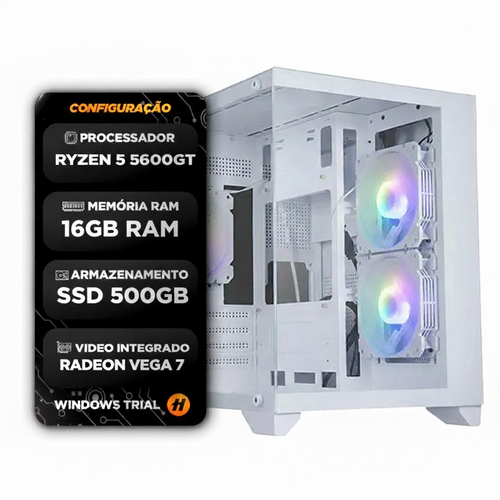 Pc gamer Ryzen 5 5600GT 16GB DDR4 SSD 500GB Gabinete Aquario RGB 3 Fans, Fonte 5