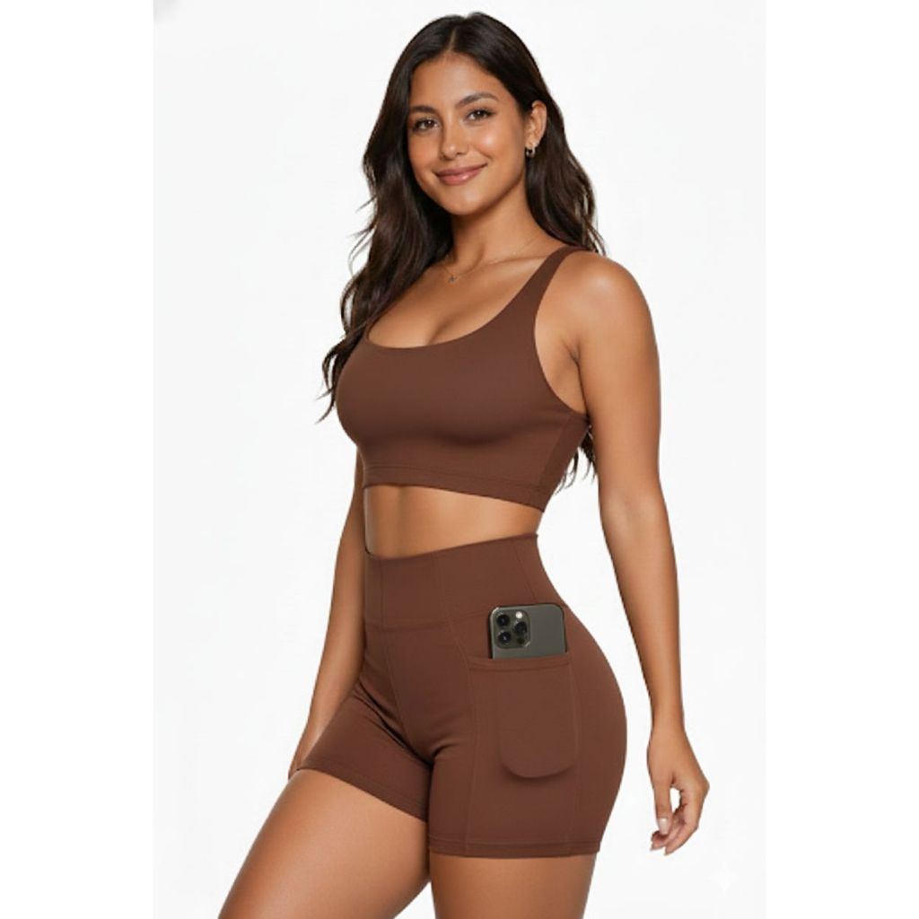 Conjunto Fitness Poliamida Top Duplo e Shorts Com bolso Cintura Alta Academia