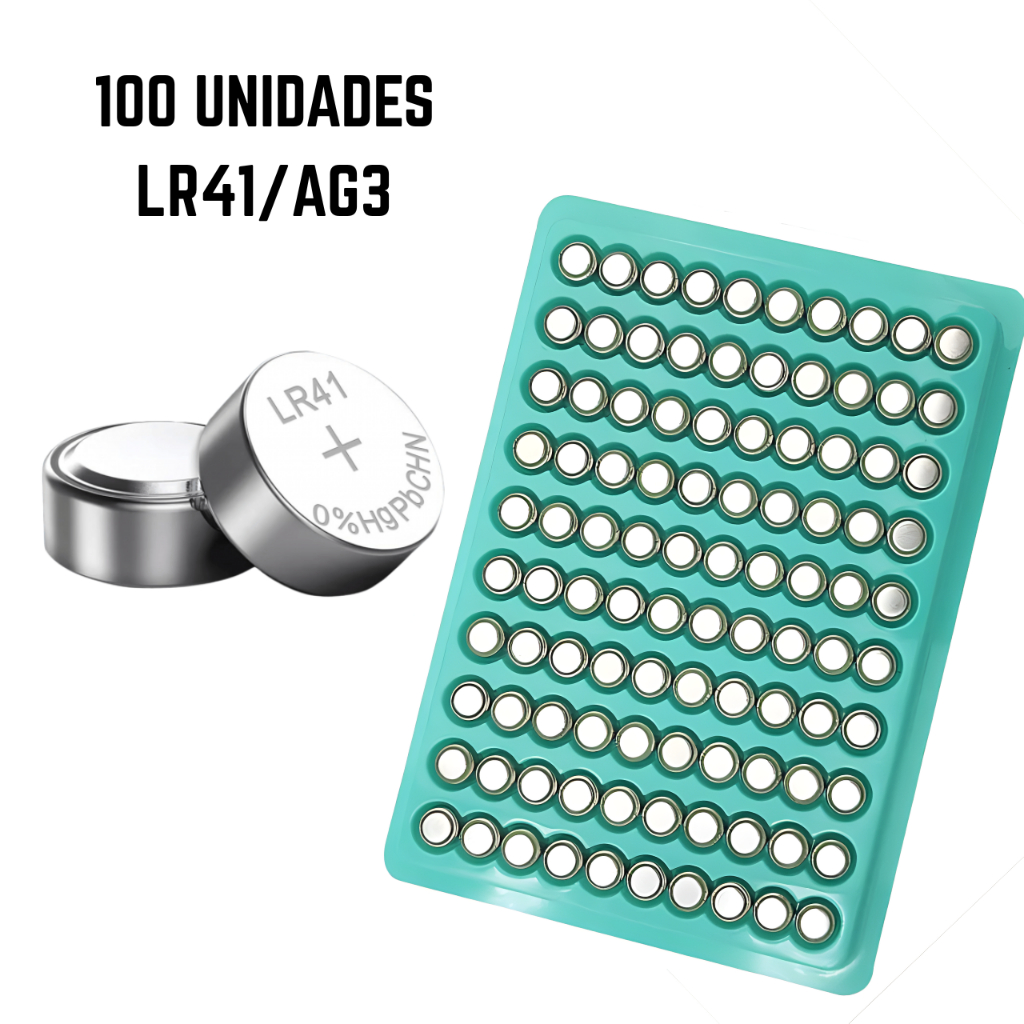Kit 100 Baterias LR41/AG3 1.5V Bateria Botão Relógio Brinquedos Calculadoras Cartela 100 Unidades