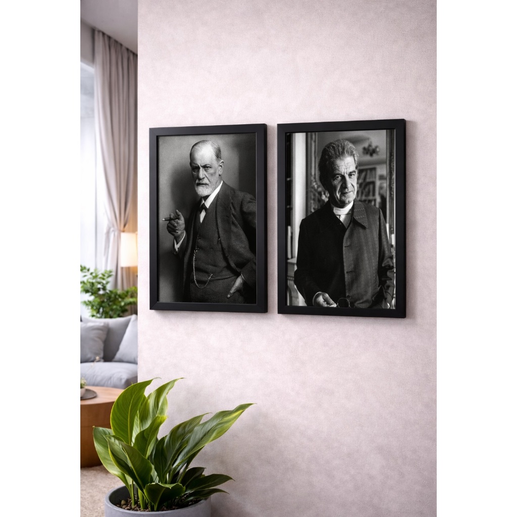 Kit 2 Quadros Psicanálise Psicologia Jacques Lacan E Sigmund Freud Moldurado 20x30 cm
