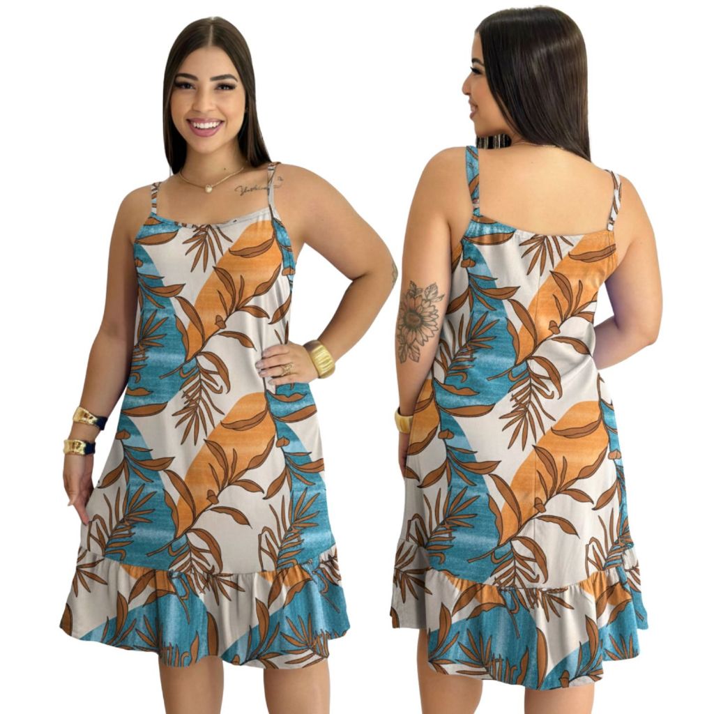 Vestido Curto Feminino Estampado Verão com Alças Finas e Babado Elegante Estilo Blogueira em Oferta na Shopee